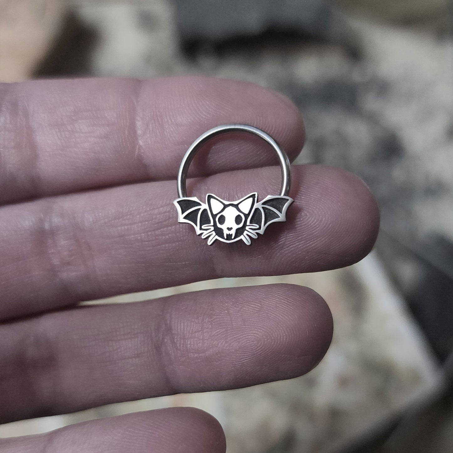 Skull Cat with Bat Wings Captive Bead Ring - Metal Lotus