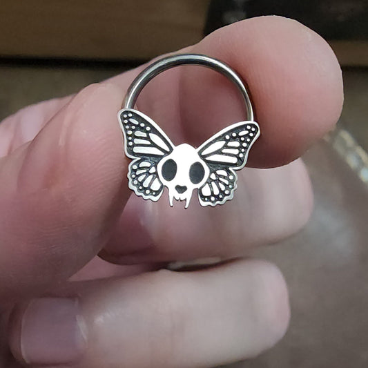 Butterfly Cat Skull Captive Bead Ring - Metal Lotus